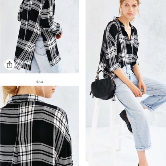 BDG Oversized Black and White Button Up Flannel - Picture 2 of 5
